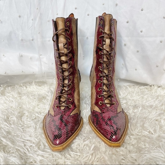 Coach Lace Up Signature Canvas & Snakeskin Boots - Picture 12 of 13